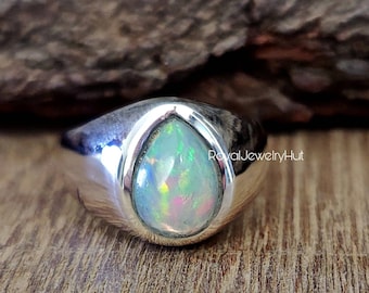 Opal Mens Ring, 925 Solid Sterling Silver Ring, 22k Gold fill, Rose Gold, Ethiopian Opal Gemstone Ring, Signet Ring, Opal Jewelry, Gift Ring
