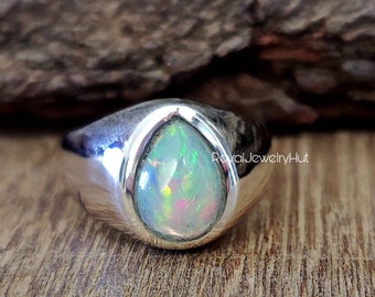 Ethiopian Opal Mens Ring, Solid Sterling Silver, Signet Ring