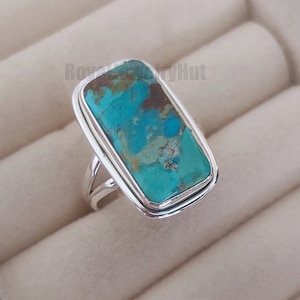 Blue Copper Turquoise 925 Sterling Silver Band Ring For Women, Handmade Long Gemstone Rectangle Bar Ring Christmas Gift For Her