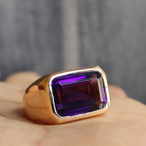 Mens Amethyst Ring, Ring for Man Women, 925 Solid Sterling Silver Ring, 22k Gold fill, Statement Bohemian Ring, Amethyst Signet Stone Ring