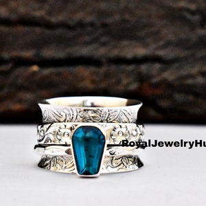 Coffin Ring, Spinner Ring, Blue Topaz Ring, All Gemstone Spinner Ring, 925 Solid Sterling Silver Ring, Coffin Spinner Ring, Anxiety Ring