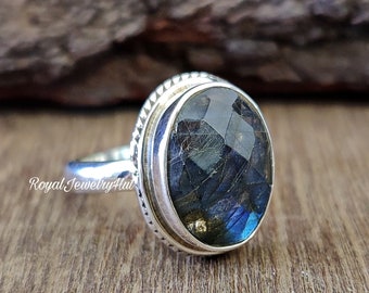 Natural Labradorite Ring, Women Ring, Men Ring, 14×10 MM, Flashy Labradorite Gemstone Ring, 925 Solid Sterling Silver Ring, Gift for Partner