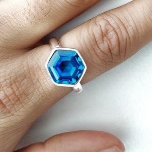 Hexagon Blue Topaz 925 Solid Sterling Silver Ring, Handmade Ring, December Birthstone Ring, Gifts for Her, Blue Gemstone Ring, Dainty Ring