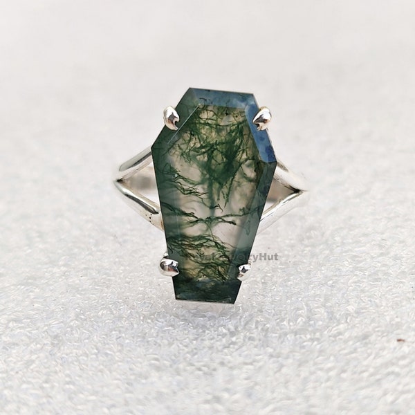 Coffin Ring, Moss Agate Ring, 925 Solid Sterling Silver Ring, Boho Ring, Handmade Jewelry, Moss Agate Coffin Gemstone Ring, Statement Ring