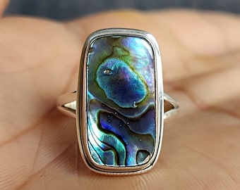 Conchiglia di abalone - Anello in argento sterling massiccio 925, anello da donna, anello minimalista, anello con conchiglia di abalone rettangolare, regalo di anniversario, regalo per lei
