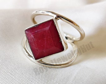 Ruby Silver Ring | Boho Red Ruby Wedding Ring for Women | 925 Silver Gemstone Ring | Healing Crystal Jewelry | Elegant Cushion Ruby Ring
