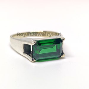 Mens Emerald Ring, Signet Ring, 925 Solid Sterling Silver Ring, 22k Gold fill, Emerald Quartz Gemstone Ring, Engraved Ring, Gift Ring