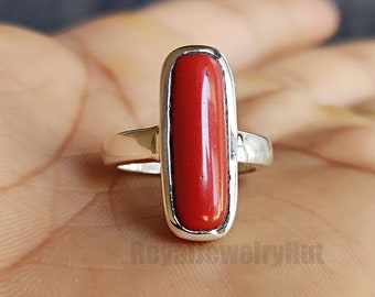 Anillo de plata de ley 925, anillo de coral de piedras preciosas, anillo de apilamiento, anillo de boda, anillo hecho a mano, anillo delicado, anillo de mujer, anillo de coral rojo