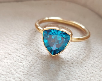 London Blue Topaz Trillion Ring - 925 Sterling Silver Blue Topaz Ring for Her -  December Birthstone Ring - Triangle Cut Blue Topaz Ring
