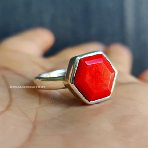 Beautiful Red Coral Ring, Hexagon Shape Gemstone, Handmade Jewelry, 925 Solid Sterling Silver Ring, Boho Ring, Women Ring, Gift for Her
