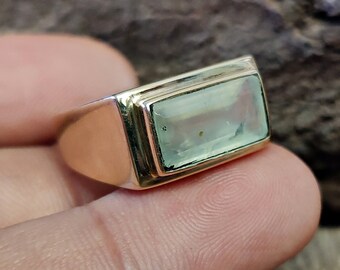 Green Prehnite Gemstone Ring in Sterling Silver - Handmade Unique Design - 925 Silver Signet Ring - Mens Women Ring - Summer Gift