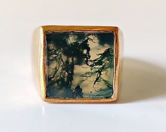 Mens Signet Ring, Moss Agate Ring, 925 Sterling Silver, 22k Gold fill, Gemstone Ring, Handmade Jewelry, Green Agate Bohemian Ring
