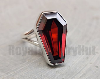 Granat Coffin Ring: Roter Edelstein, 925 Sterling Silber