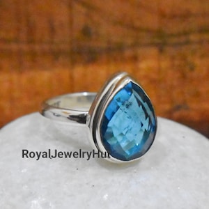 London Blue Topaz Boho Ring, 925 Sterling Silver Tear Drop Topaz Ring, Pear Shaped Ring, Dainty Ring, Promise Ring, Anniversary Ring for Her