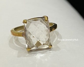 Cushion Clear Quartz Ring, 925 Sterling Silver Gemstone Ring
