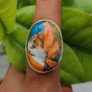 Large Oyster Copper Turquoise 925 Sterling Silver Ring For Women, Handmade Three Band Oyster Oval Ring For Wedding Anniversary Gift For Her