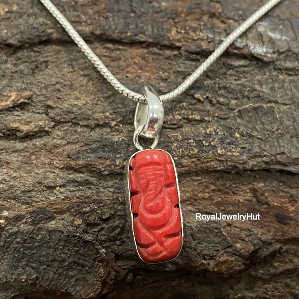 Red Coral Ganesha Necklace Pendant, Sterling Silver Pendant, Ganesh Coral Antique Pendant, Gemstone Pendant, God Pendant, Handmade Pendant