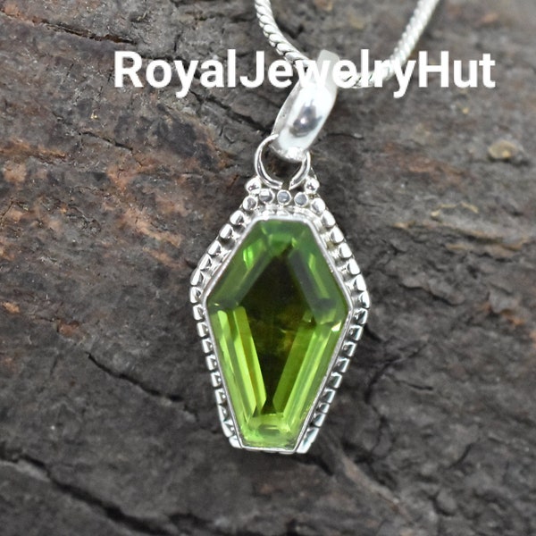 Peridot Pendant, Coffin Pendant, Gemstone Pendant, 925 Solid Sterling Silver Pendant, Womens Pendant, Coffin Jewelry, Gift for Halloween