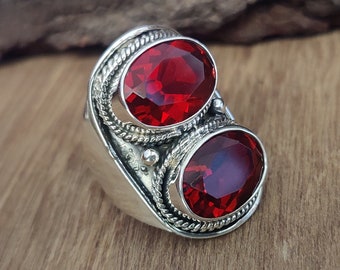 Two Stone Garnet Ring: Handmade 925 Sterling Silver Boho Statement Ring