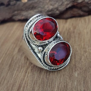 Anello con due pietre di granato: anello boho fatto a mano in argento sterling 925