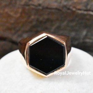 Anel masculino, anel de ônix preto, anel de prata esterlina maciça 925, preenchimento de ouro 22k, anel de sinete masculino, anel de ônix, pedra preciosa em formato hexagonal, anel de presente