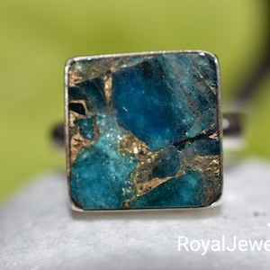 Blue Tourmaline Copper Turquoise Ring, Turquoise 14 MM Square Ring, Blue Gemstone Ring, Sterling Silver Ring, gift ring, Handmade Ring