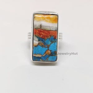 Oyster Copper Turquoise Rectangle Shape Gemstone Silver Ring | Boho 925 Sterling Solid Silver Ring | Handmade Wedding Jewelry For Women