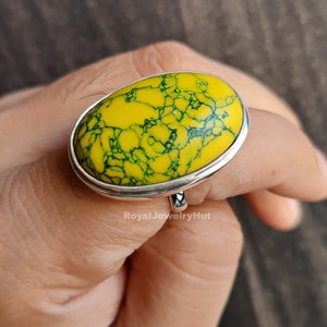 Anillo de turquesa amarilla en plata de ley 925, hecho a mano, con piedras preciosas de plata, joyería turquesa, anillos de aniversario, regalo para ella