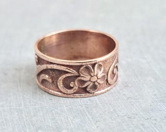 Pure Copper Floral Engraved Ring: Wide Band Ring, Handmade Rustic Jewelry Gift
