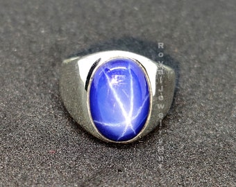 Mens Ring, Blue Star Sapphire Ring, 925 Solid Sterling Silver Ring, Signet Sapphire Ring, Statement Ring, Gemstone Ring, Christmas Gift
