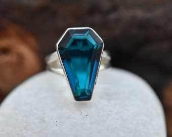 Blue Apatite Coffin Ring, 925 Sterling Silver, Handmade