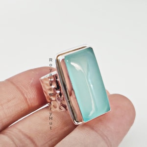 Aqua Chalcedony Ring, Hammered Ring, 925 Solid Sterling Silver, Chalcedony Gemstone, Boho Ring, Chalcedony Handmade Jewelry, Summer Gift