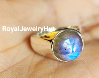 925 Sterling Silver Ring, Labradorite Band, Labradorite Signet Ring, Natural Labradorite Ring, Blue Labradorite Ring, 22K Gold Fill