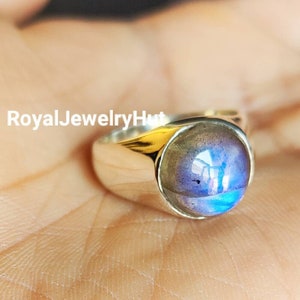 Bague en argent sterling 925, anneau en labradorite, chevalière en labradorite, bague en labradorite naturelle, bague en labradorite bleue, remplissage d'or 22 carats