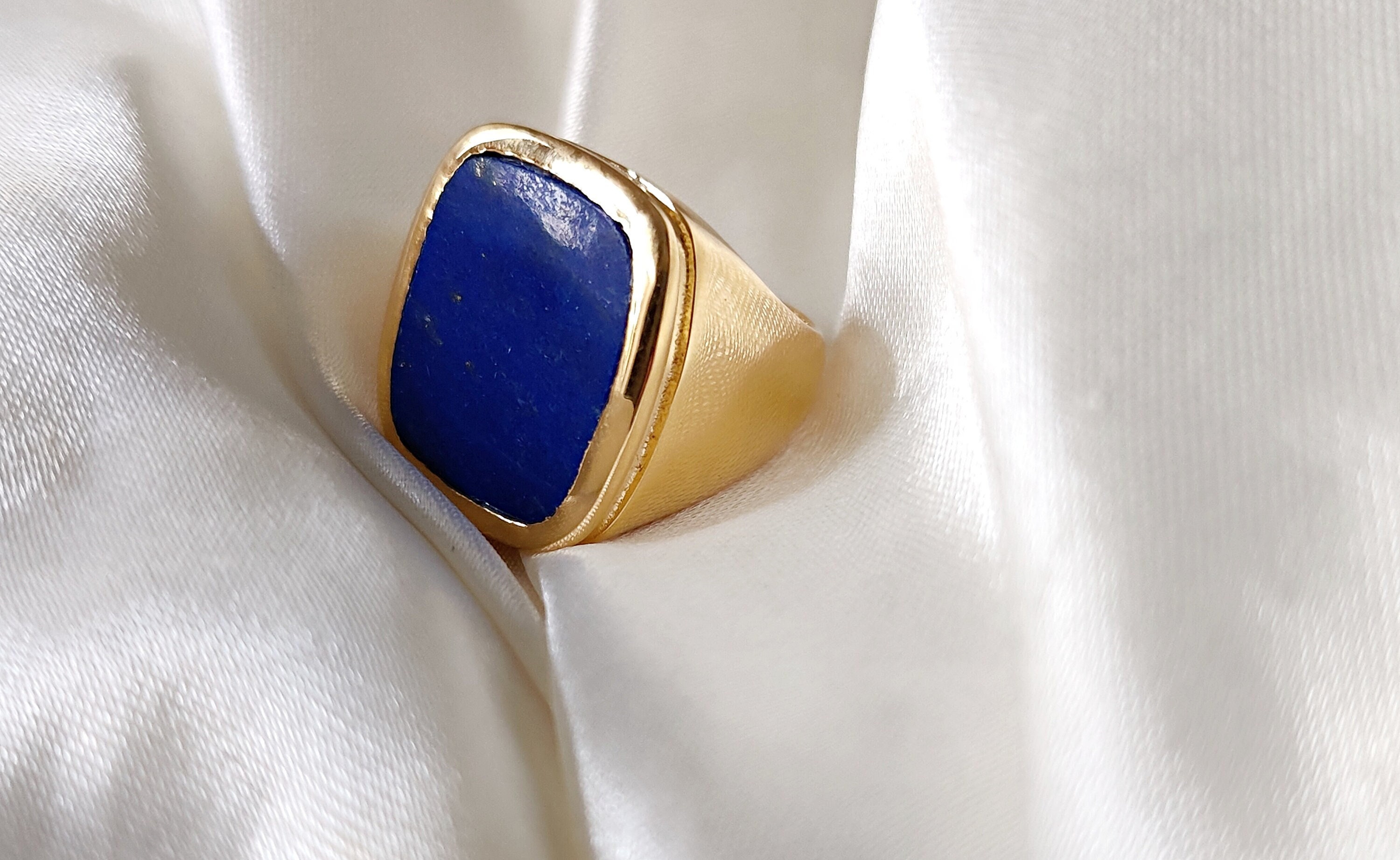 Mens Heavy Ring, Gold Lapis Lazuli Ring, 92.5% Sterling Silver Ring, Signet Ring, Blue Lapis Ring, Birthstone Ring, Gift Ring
