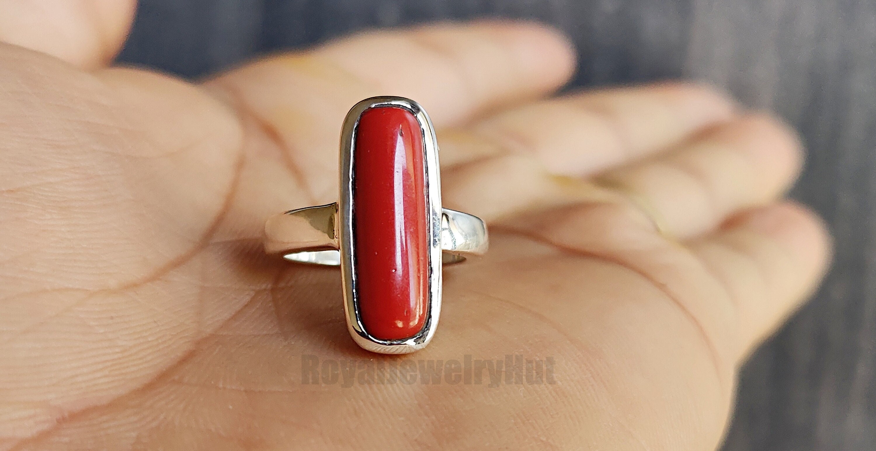 925 Sterling Silver Ring, Gemstone Coral Ring, Stacking Ring