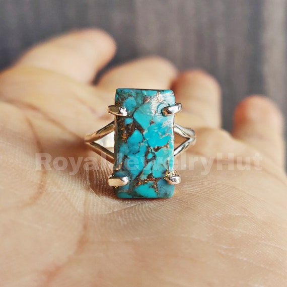 Anillo Turquesa De Plata De Ley 925, Anillo Unisex De Plata Con Piedra Turquesa Rectangular