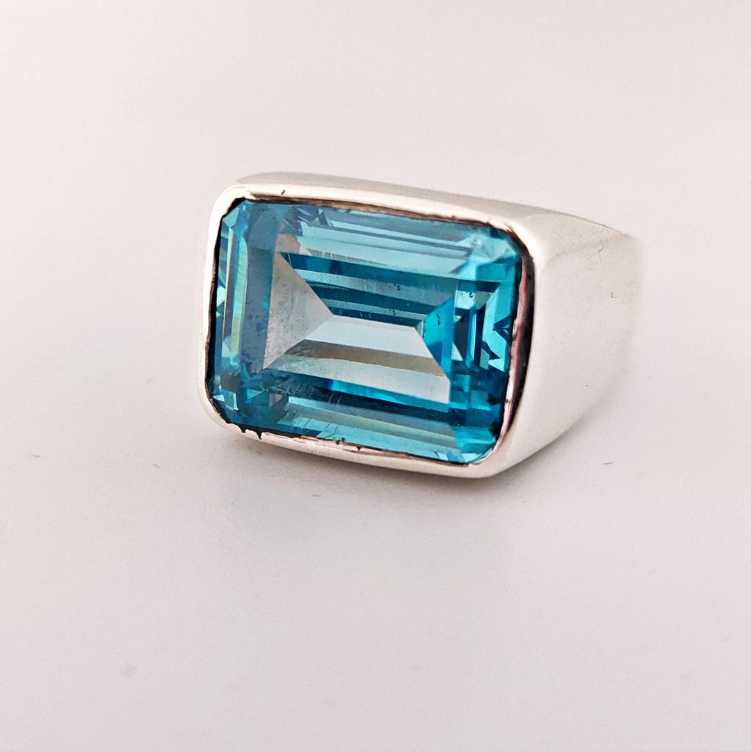 Mens Aquamarine Ring, Designer Ring, 925 Solid Sterling Silver
