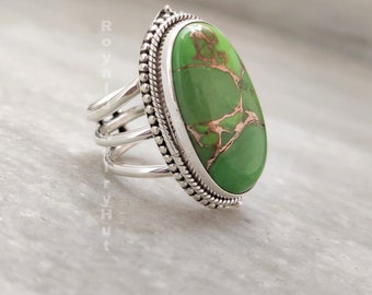Green Turquoise Ring: Oval Gemstone, 925 Sterling Silver Boho Ring