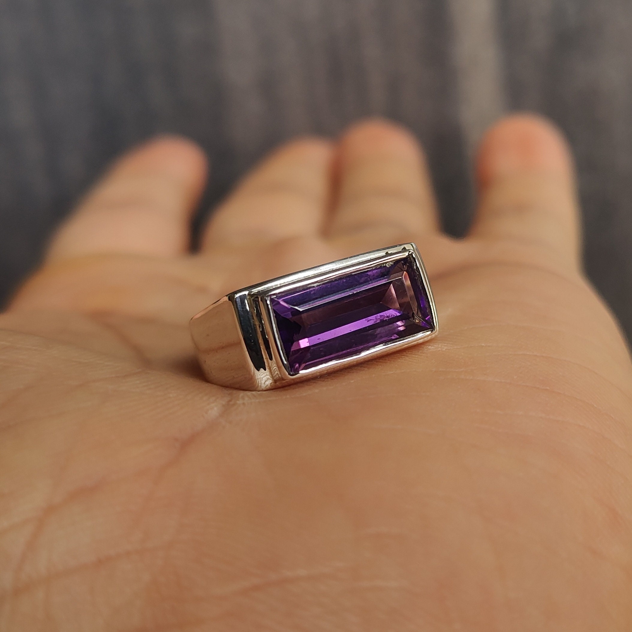 Mens Amethyst Ring, Signet Class Ring, 925 Solid Sterling Silver Ring ...