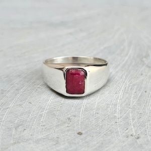 Mens Ring, Ruby Ring, 925 Solid Sterling Silver Ring, 22k Gold fill, Natural Ruby Gemstone Ring, Engraved Ring, Emerald Cut Ring, Gift Ring