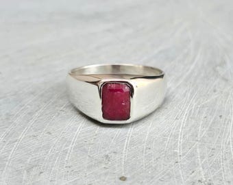 Mens Ring, Ruby Ring, 925 Solid Sterling Silver Ring, 22k Gold fill, Natural Ruby Gemstone Ring, Engraved Ring, Emerald Cut Ring, Gift Ring