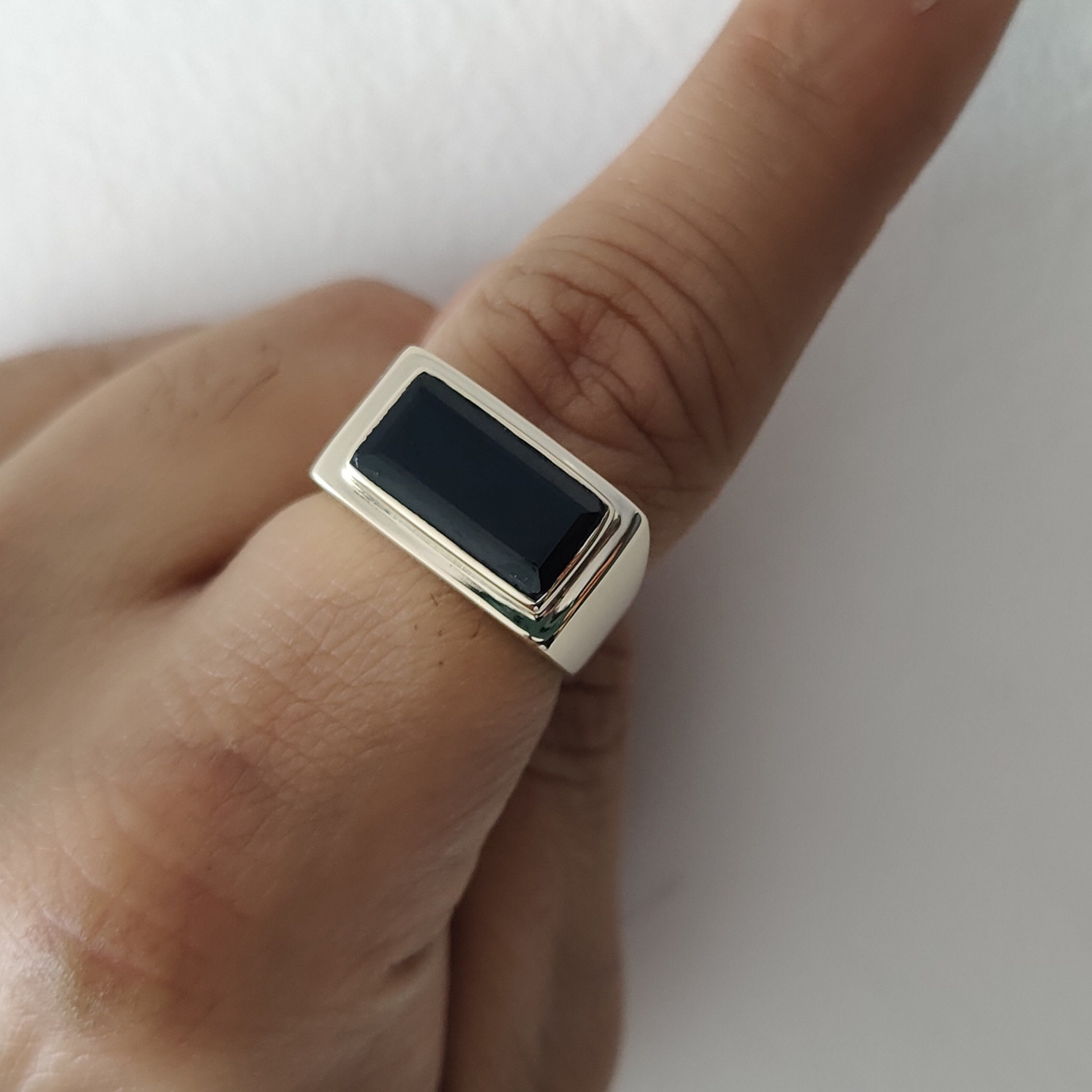Anillo De Plata 925 Y Ónix Negro Para Hombre - Forma Rectangular, Estilo Hip Hop