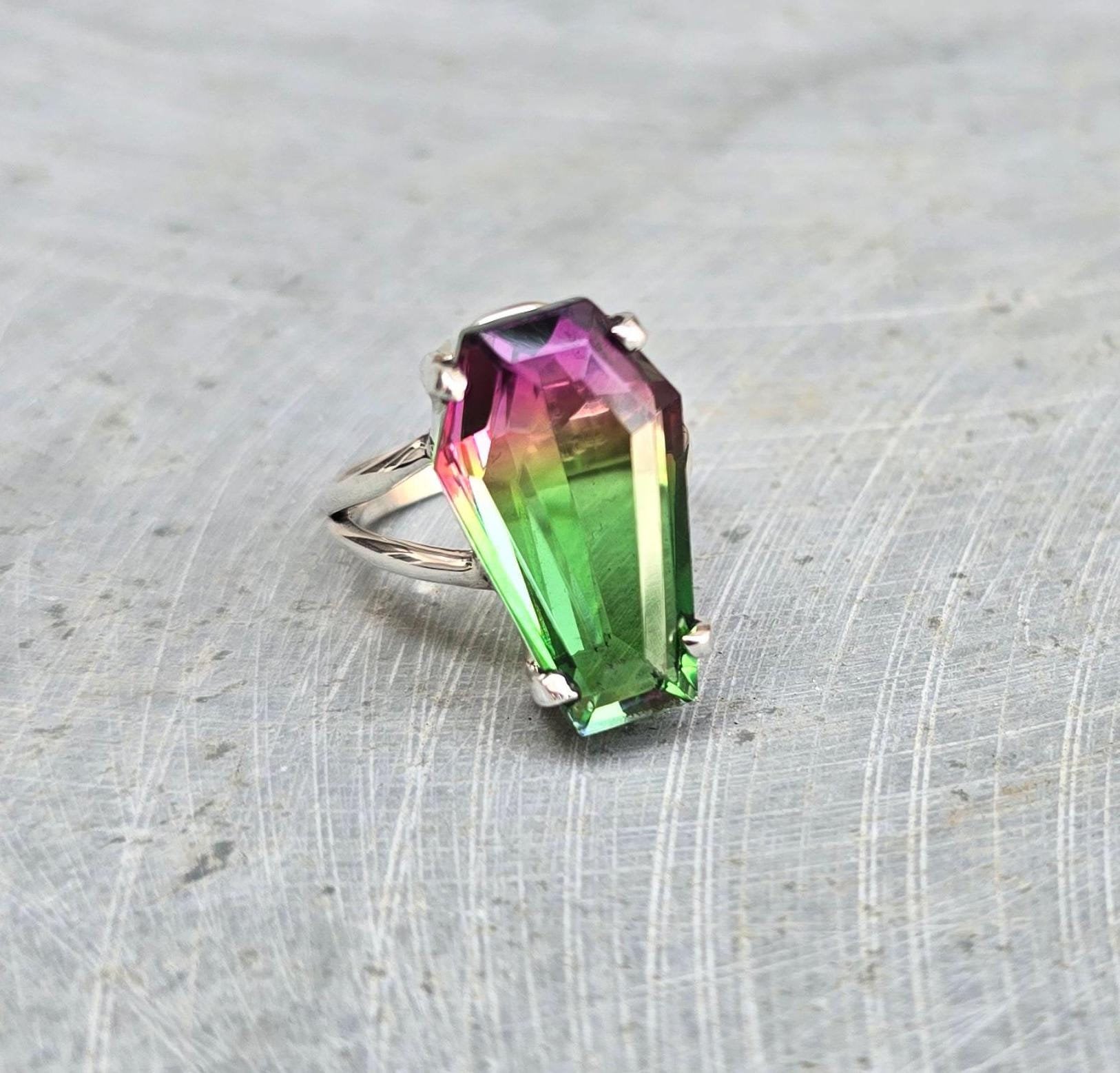 ウォーターメロン トルマリン 棺型宝石リング、925 ソリッド