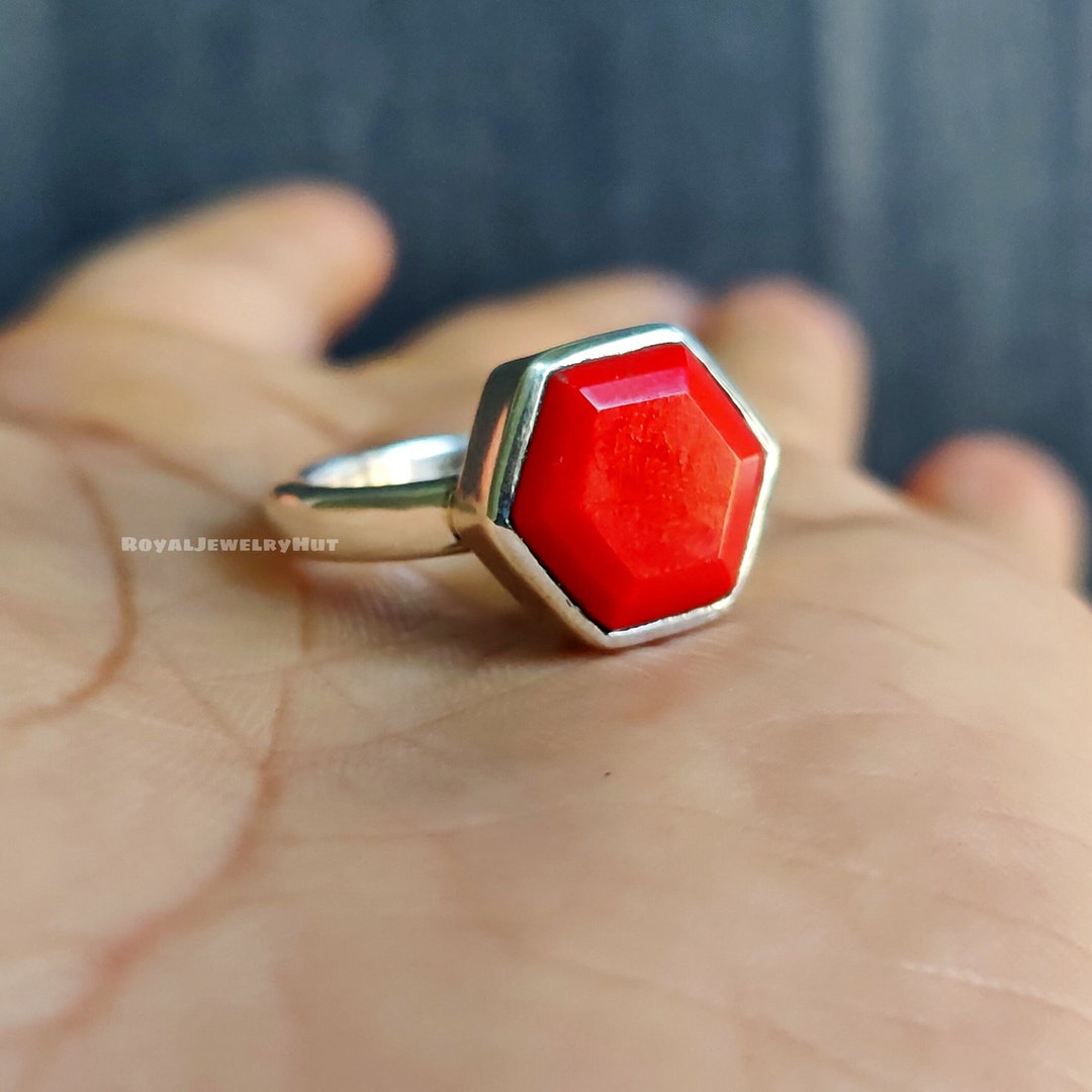 Ring Shape Red Beautiful Red Coral Ring, Hexagon Shape Gemstone, Handmade Jewelry, 925 ...