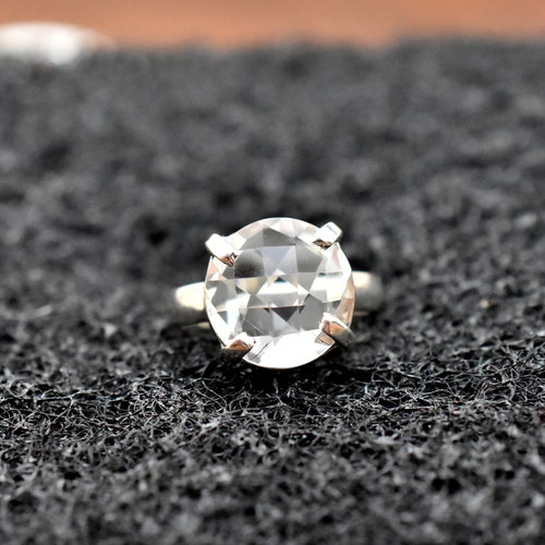 Bague ronde en argent sterling à quartz transparent faite main, cadeau femme