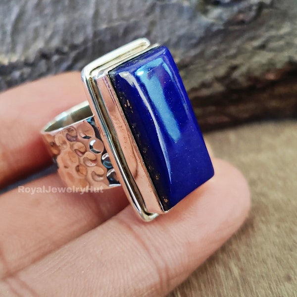 Hammered Ring Lapis Lazuli, 925 Silver Ring, Blue Lapis Ring, Rectangle Genuine Gemstone Ring, Handmade Jewelry, Boho Ring, Promise Ring