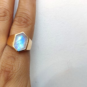 Natuurlijke Maansteen Signet Zeshoek 925 Sterling Zilveren Ring, Herenring, Vrouwenring, Gegraveerde Ring, Handgemaakte Ring, Maansteenring