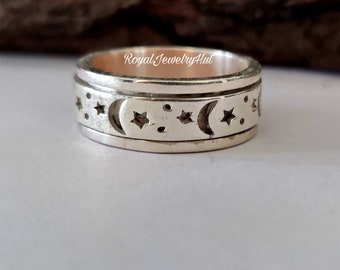 Sterling Silver Moon and Stars Spinner Ring: Anxiety Fidget Band