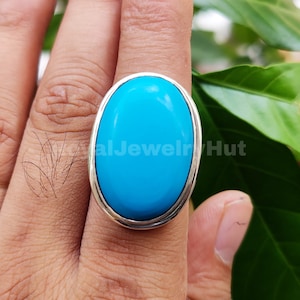 Big Oval Arizona Turquoise 925 Sterling Silver Ring, Vintage Ring, Natural Turquoise Stacking Ring, Wedding Jewelry, Valentine&#39;s Day Gift